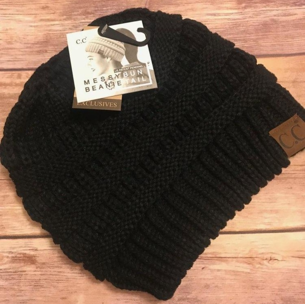 CC Brand messy bun Beanie Black